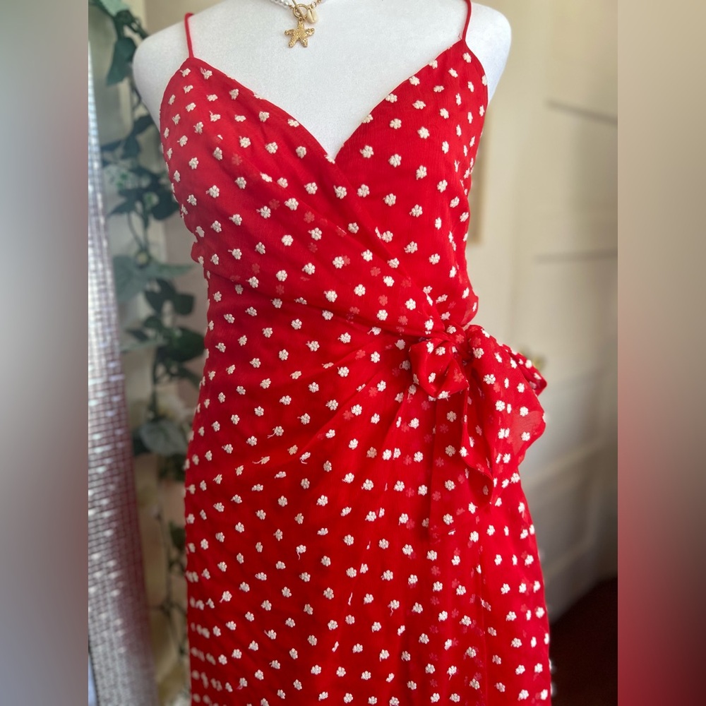 Alice + Olivia Red Polka Dot Wrap-Style Mini Dress - Picture 6 of 16